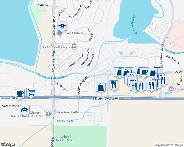 map of restaurants, bars, coffee shops, grocery stores, and more near 1805 Grays Peak Drive in Loveland