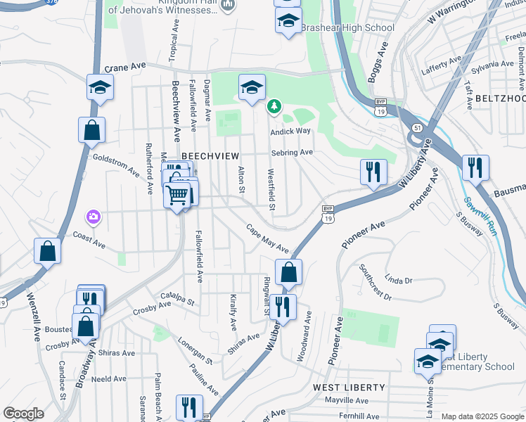 map of restaurants, bars, coffee shops, grocery stores, and more near in Pittsburgh