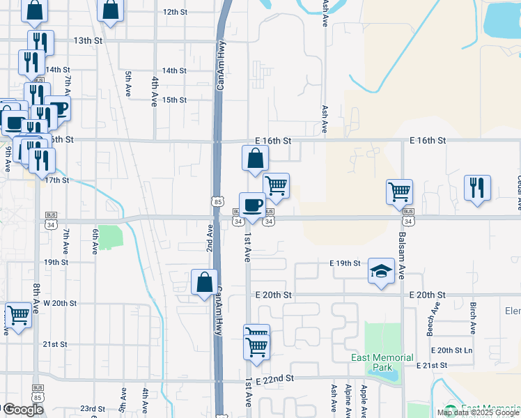 map of restaurants, bars, coffee shops, grocery stores, and more near 101 East 18th Street in Greeley