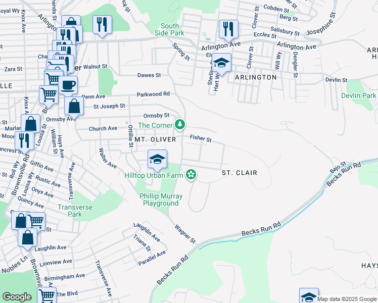 map of restaurants, bars, coffee shops, grocery stores, and more near 539 Mountain Avenue in Pittsburgh