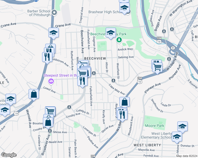 map of restaurants, bars, coffee shops, grocery stores, and more near 310 Longmore Avenue in Pittsburgh