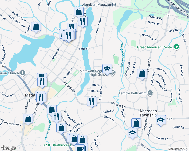 map of restaurants, bars, coffee shops, grocery stores, and more near 32 Lake Boulevard in Aberdeen Township