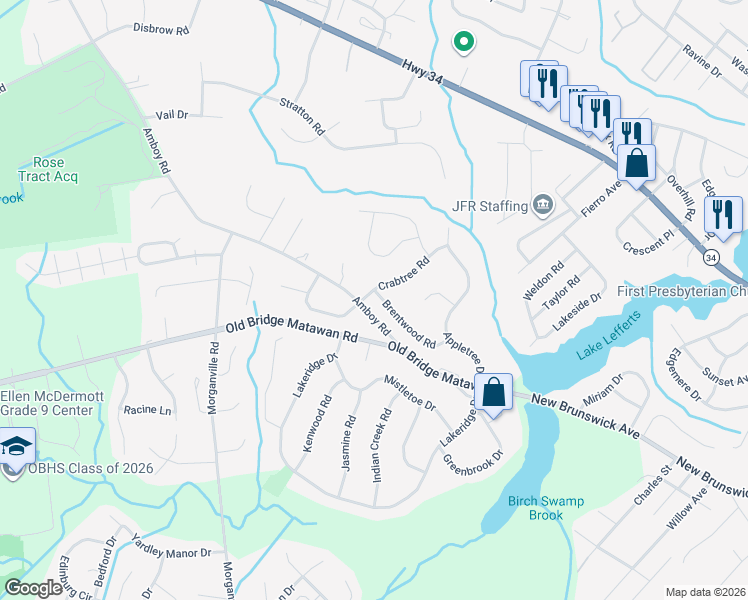 map of restaurants, bars, coffee shops, grocery stores, and more near 42 Donald Circle in Matawan