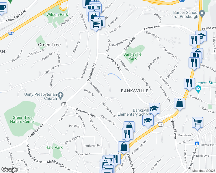 map of restaurants, bars, coffee shops, grocery stores, and more near 2656 Winchester Drive in Pittsburgh