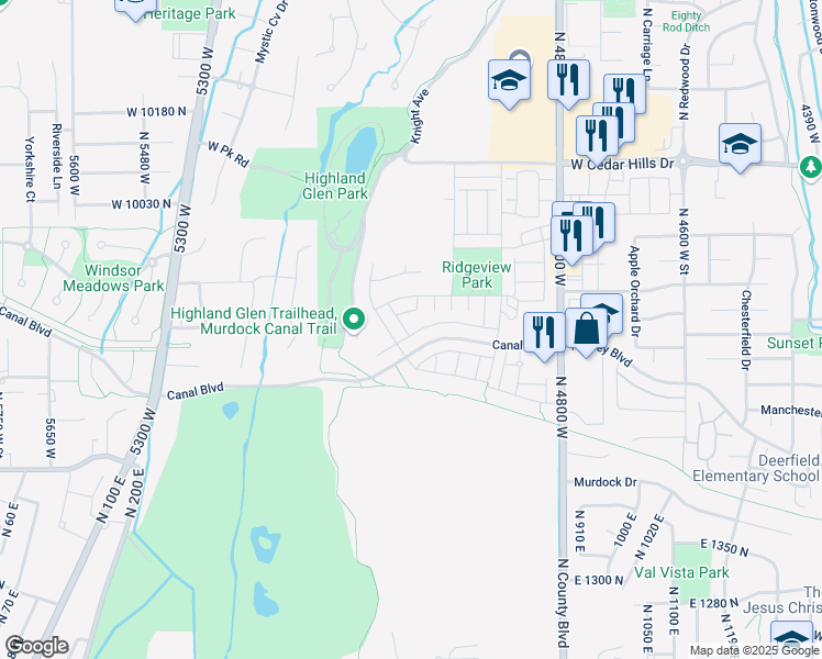 map of restaurants, bars, coffee shops, grocery stores, and more near 9818 Freehold Lane in Highland