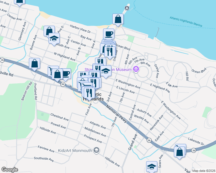 map of restaurants, bars, coffee shops, grocery stores, and more near 13 East Garfield Avenue in Atlantic Highlands