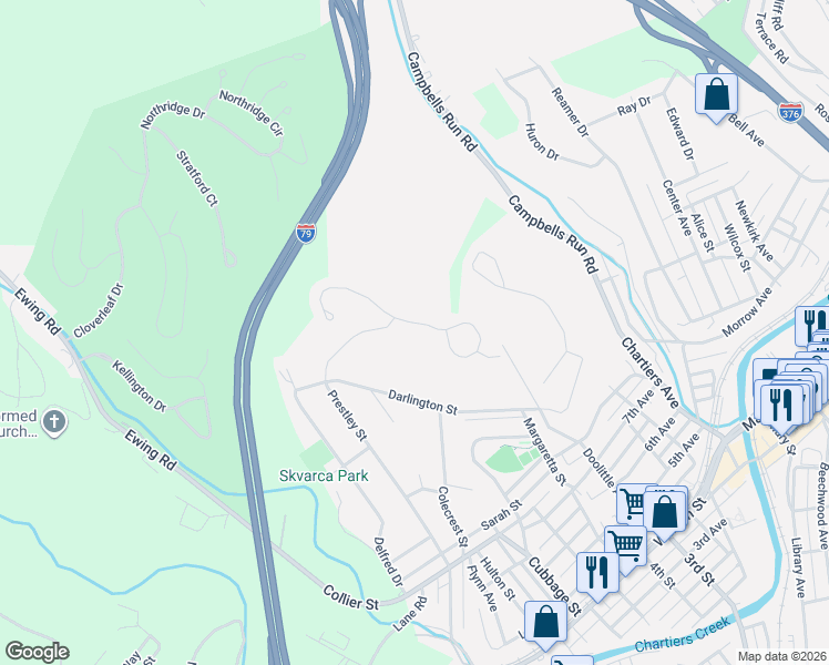 map of restaurants, bars, coffee shops, grocery stores, and more near 308 Sunrise Drive in Carnegie