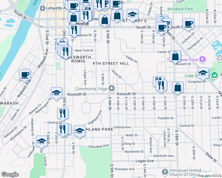 map of restaurants, bars, coffee shops, grocery stores, and more near 613 South 9th Street in Lafayette