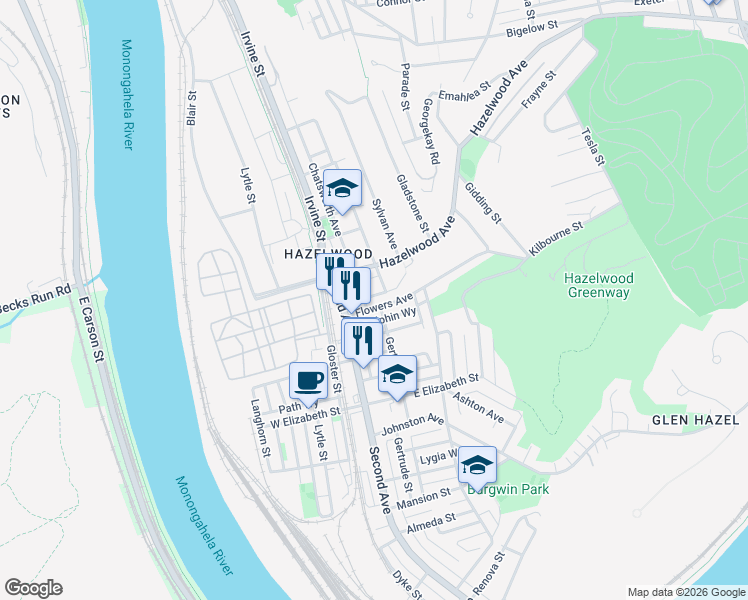 map of restaurants, bars, coffee shops, grocery stores, and more near 142 Marsden Street in Pittsburgh