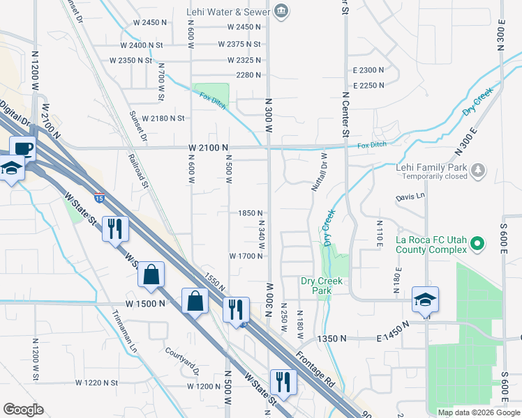 map of restaurants, bars, coffee shops, grocery stores, and more near 356 West 1850 North in Lehi