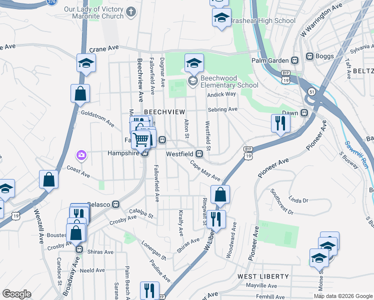 map of restaurants, bars, coffee shops, grocery stores, and more near 306 Cape May Avenue in Pittsburgh