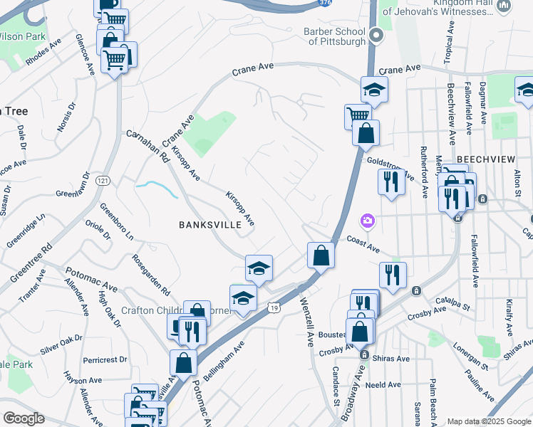 map of restaurants, bars, coffee shops, grocery stores, and more near 1077 Roseanne Avenue in Pittsburgh