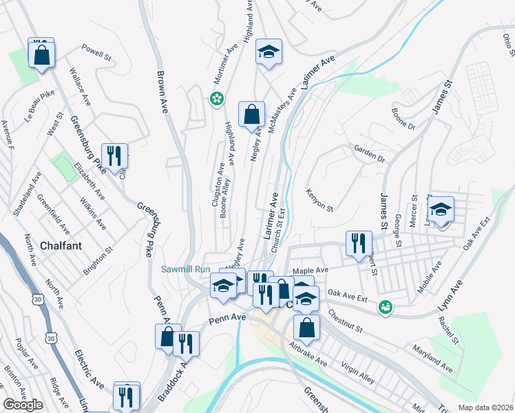 map of restaurants, bars, coffee shops, grocery stores, and more near 522 Line Street in Turtle Creek