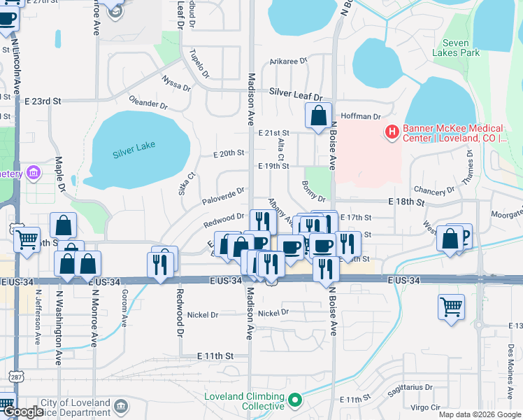 map of restaurants, bars, coffee shops, grocery stores, and more near 1304 Redwood Drive in Loveland
