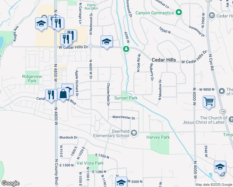 map of restaurants, bars, coffee shops, grocery stores, and more near 4444 West Windsor Circle in Cedar Hills