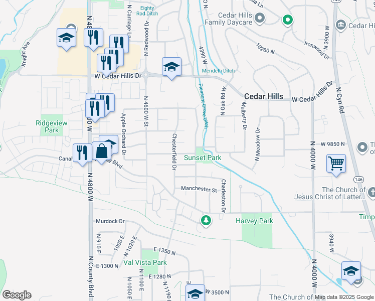 map of restaurants, bars, coffee shops, grocery stores, and more near 4454 Cambridge Drive in Cedar Hills