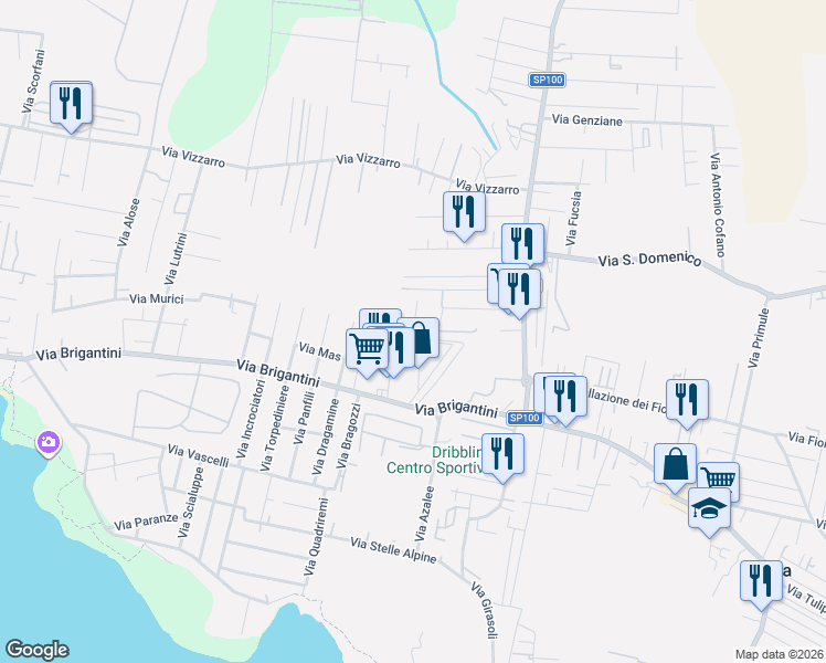 map of restaurants, bars, coffee shops, grocery stores, and more near Via Tartana in Taranto