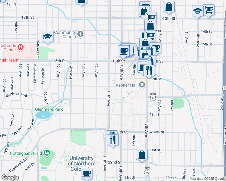 map of restaurants, bars, coffee shops, grocery stores, and more near 1017 Cranford Place in Greeley