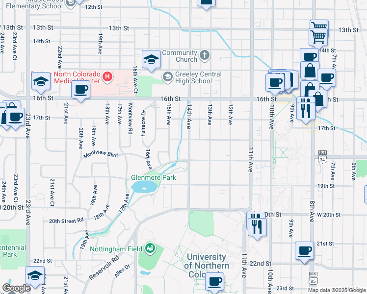 map of restaurants, bars, coffee shops, grocery stores, and more near 1425 Glenmere Boulevard in Greeley