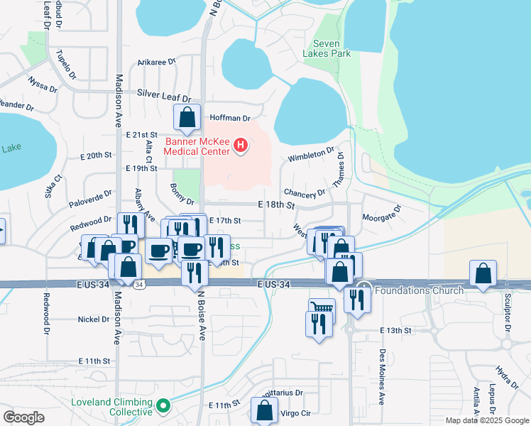 map of restaurants, bars, coffee shops, grocery stores, and more near 1624 Cheyenne Avenue in Loveland