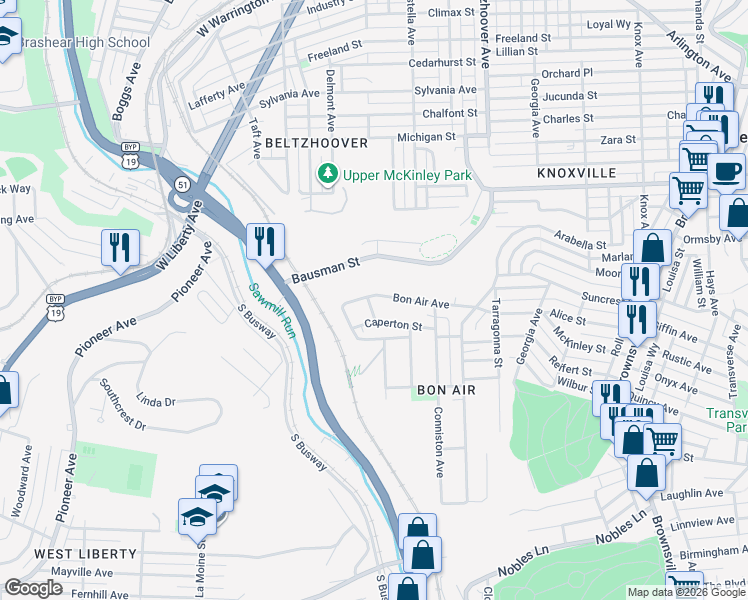 map of restaurants, bars, coffee shops, grocery stores, and more near 221 Caperton Street in Pittsburgh
