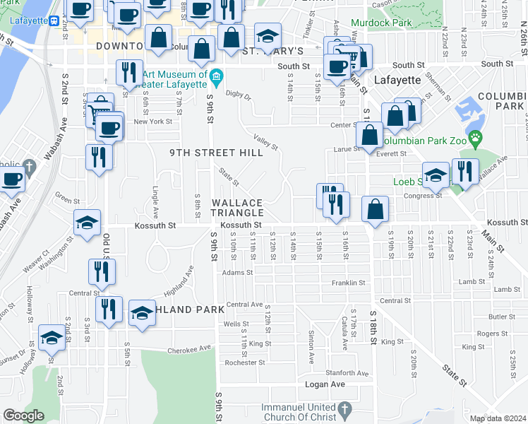 map of restaurants, bars, coffee shops, grocery stores, and more near 1119 Kossuth Street in Lafayette