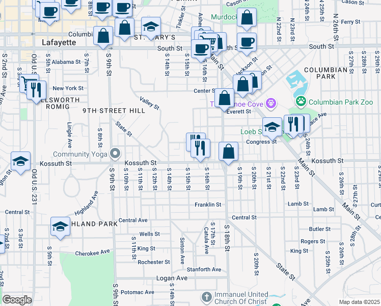 map of restaurants, bars, coffee shops, grocery stores, and more near 618 South 15th Street in Lafayette