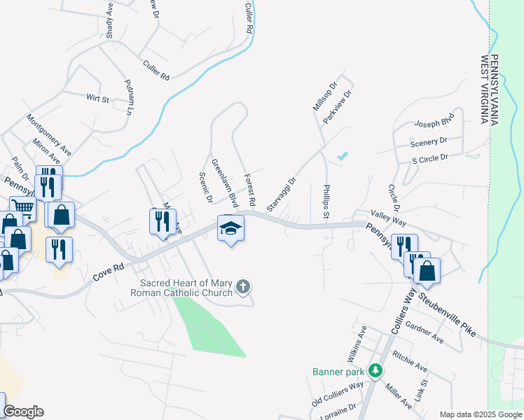 map of restaurants, bars, coffee shops, grocery stores, and more near 3460-3498 Pennsylvania Avenue in Weirton