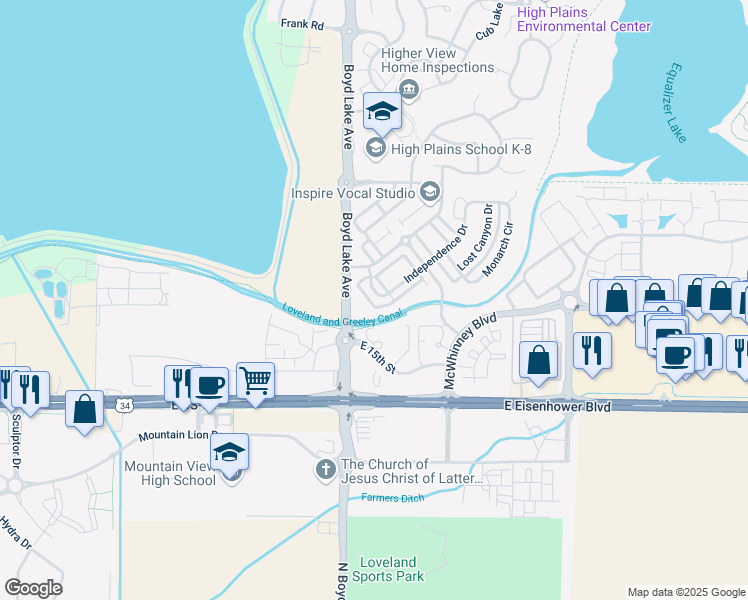 map of restaurants, bars, coffee shops, grocery stores, and more near 1951 Big Sandy Place in Loveland