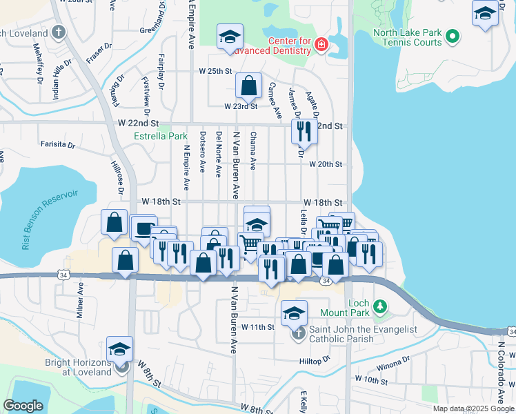 map of restaurants, bars, coffee shops, grocery stores, and more near 1709 Cameo Avenue in Loveland