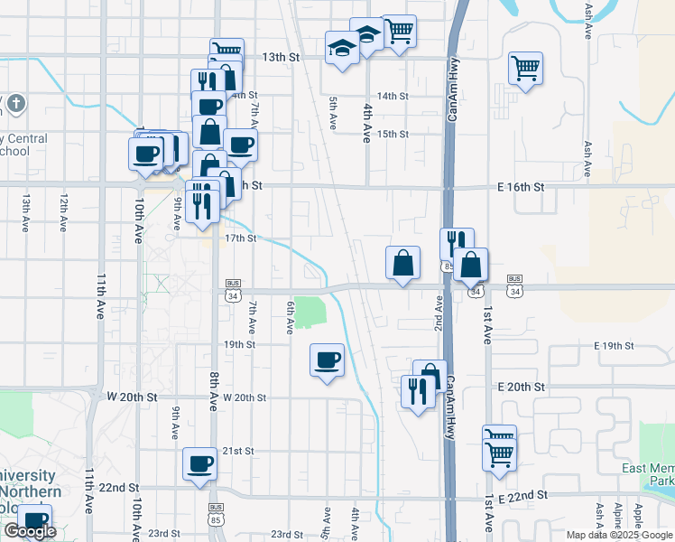 map of restaurants, bars, coffee shops, grocery stores, and more near 510 18th Street in Greeley