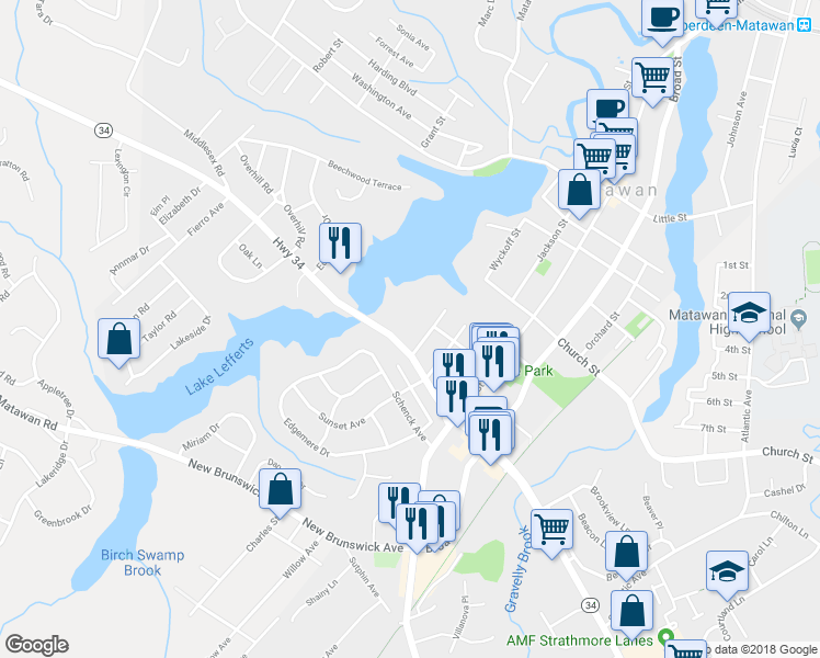 map of restaurants, bars, coffee shops, grocery stores, and more near 883 Highway 34 in Matawan