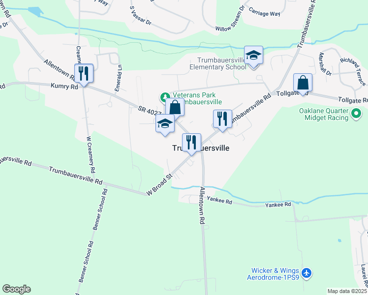 map of restaurants, bars, coffee shops, grocery stores, and more near 33 West Broad Street in Trumbauersville