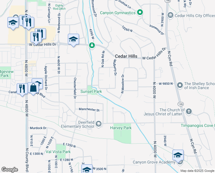map of restaurants, bars, coffee shops, grocery stores, and more near 9821 Manila Circle in Cedar Hills