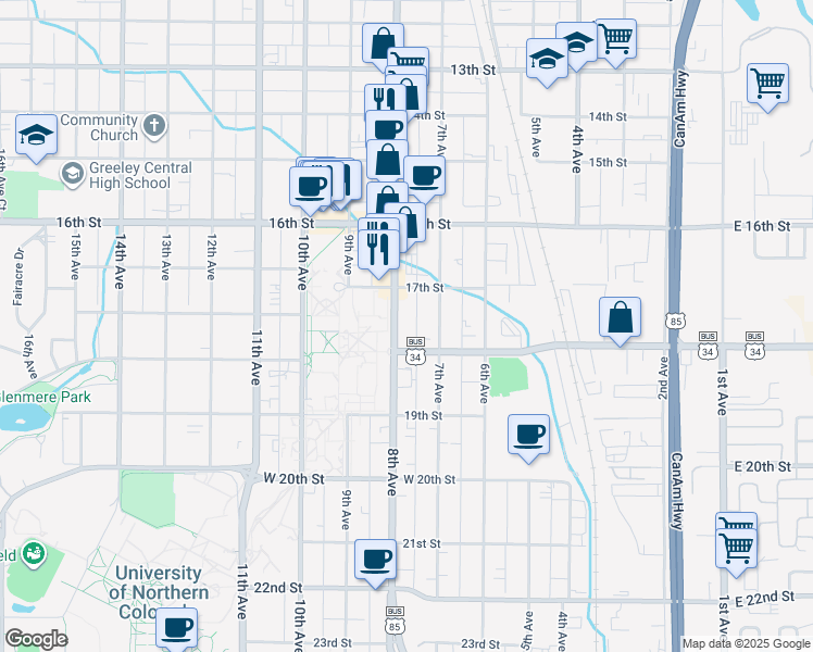 map of restaurants, bars, coffee shops, grocery stores, and more near 1744 U.S. 85 Business in Greeley
