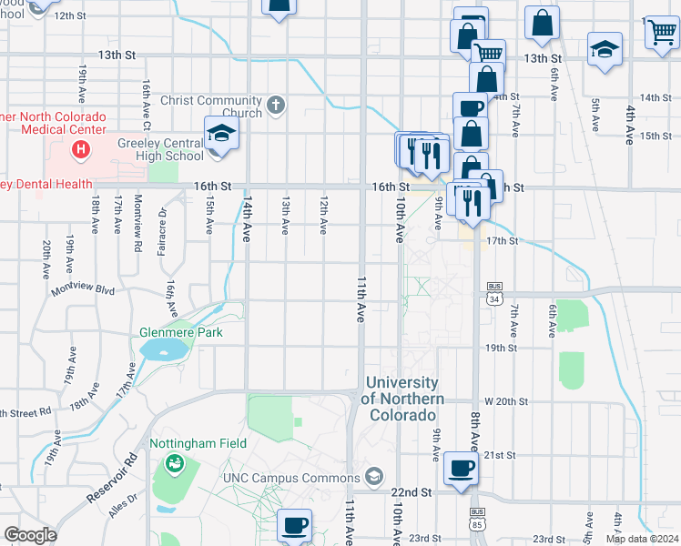 map of restaurants, bars, coffee shops, grocery stores, and more near 1115 Cranford Place in Greeley