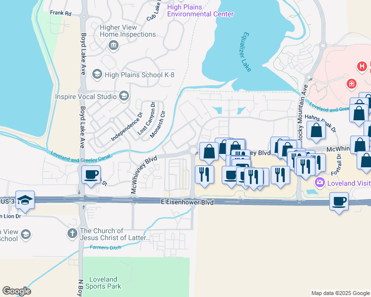 map of restaurants, bars, coffee shops, grocery stores, and more near in Loveland
