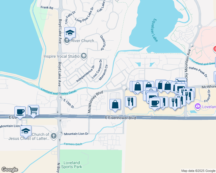 map of restaurants, bars, coffee shops, grocery stores, and more near 1805 Grays Peak Drive in Loveland