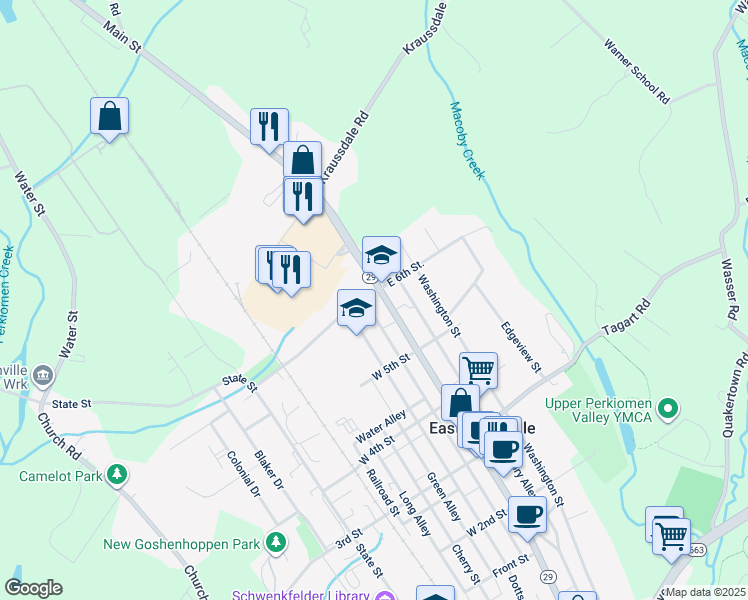 map of restaurants, bars, coffee shops, grocery stores, and more near 531 Jefferson Street in East Greenville