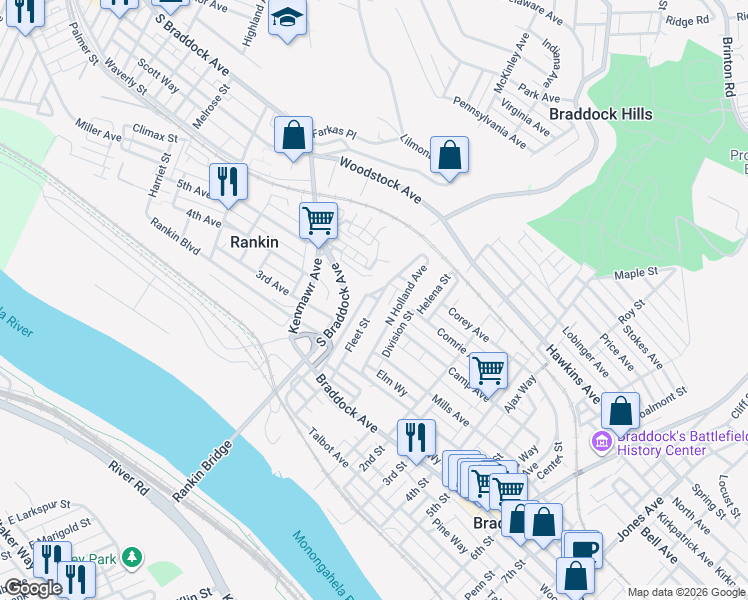 map of restaurants, bars, coffee shops, grocery stores, and more near 201 North Holland Avenue in Rankin