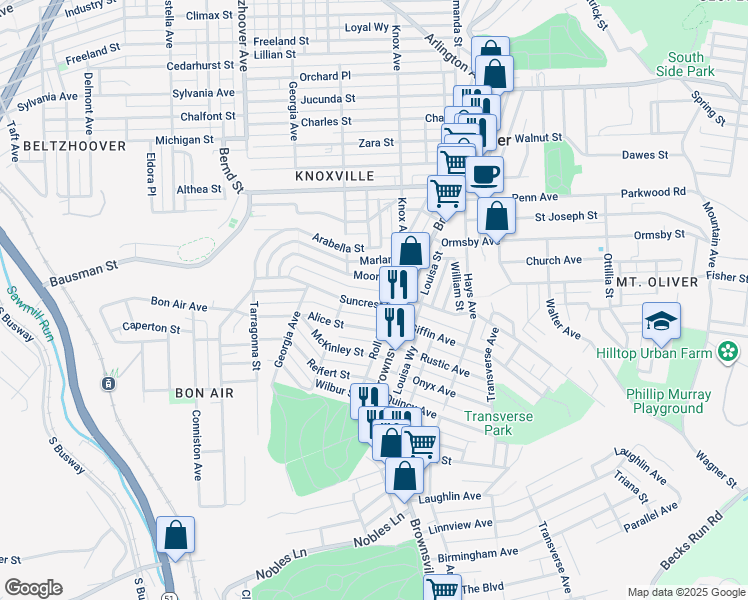 map of restaurants, bars, coffee shops, grocery stores, and more near 225 Alice Street in Pittsburgh