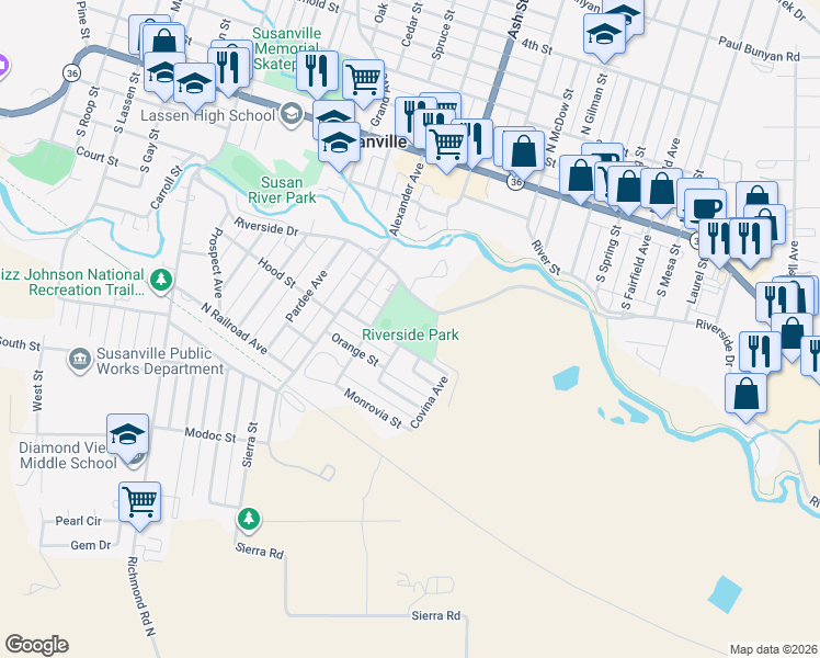 map of restaurants, bars, coffee shops, grocery stores, and more near 1723 Sunkist Drive in Susanville