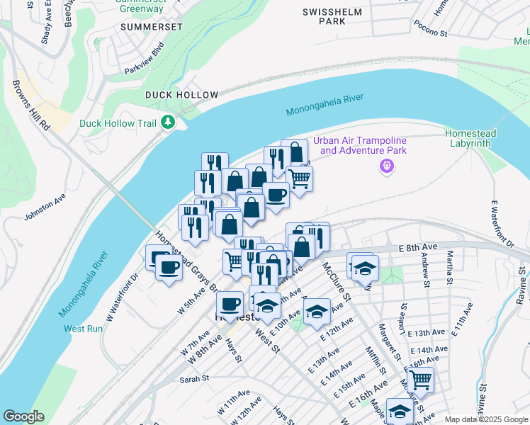 map of restaurants, bars, coffee shops, grocery stores, and more near 149 West Bridge Street in Homestead