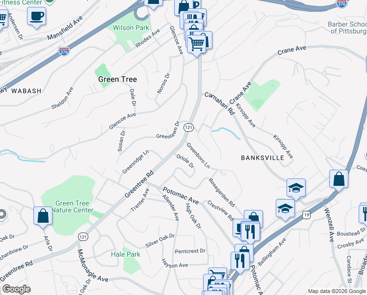 map of restaurants, bars, coffee shops, grocery stores, and more near 286 Oriole Drive in Pittsburgh