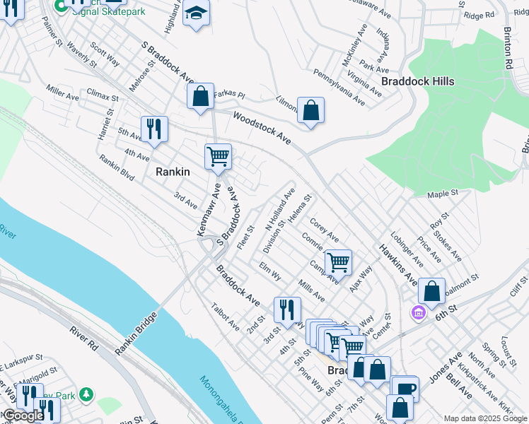 map of restaurants, bars, coffee shops, grocery stores, and more near 201 North Holland Avenue in Rankin