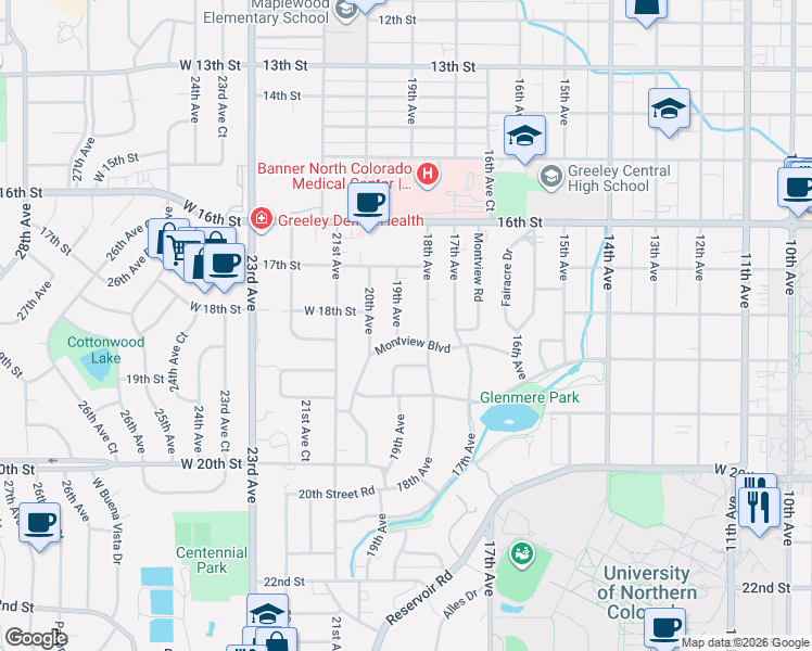 map of restaurants, bars, coffee shops, grocery stores, and more near 1826 Montview Boulevard in Greeley