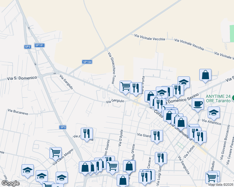 map of restaurants, bars, coffee shops, grocery stores, and more near 3 Via Gargiulo in Taranto