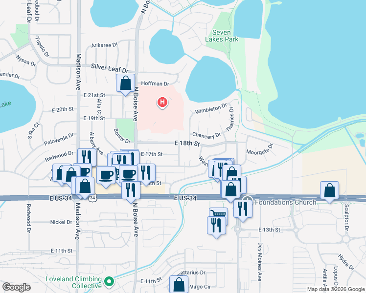 map of restaurants, bars, coffee shops, grocery stores, and more near 1624 Cheyenne Avenue in Loveland