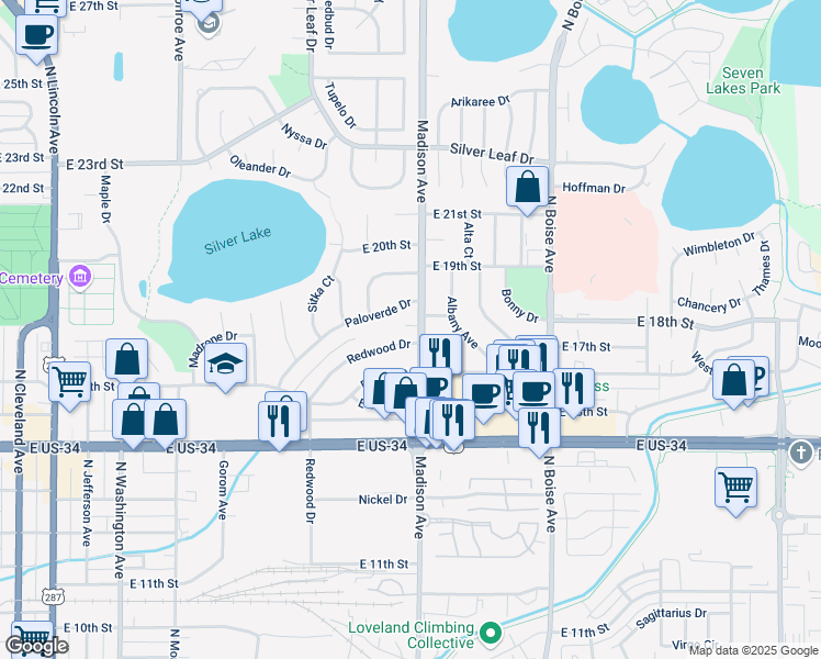 map of restaurants, bars, coffee shops, grocery stores, and more near 1304 Redwood Drive in Loveland