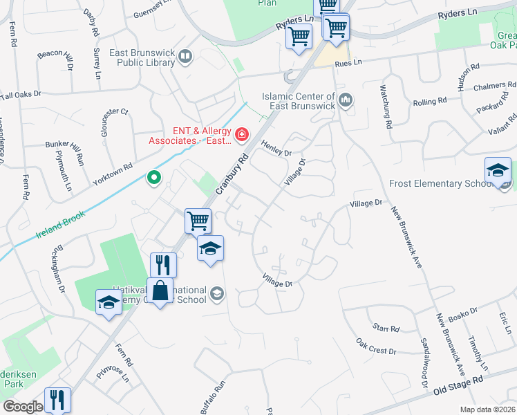 map of restaurants, bars, coffee shops, grocery stores, and more near 8 Stone Court in East Brunswick